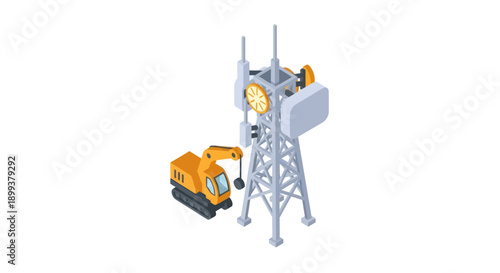 Telecommunication Tower Under Construction with Crane.