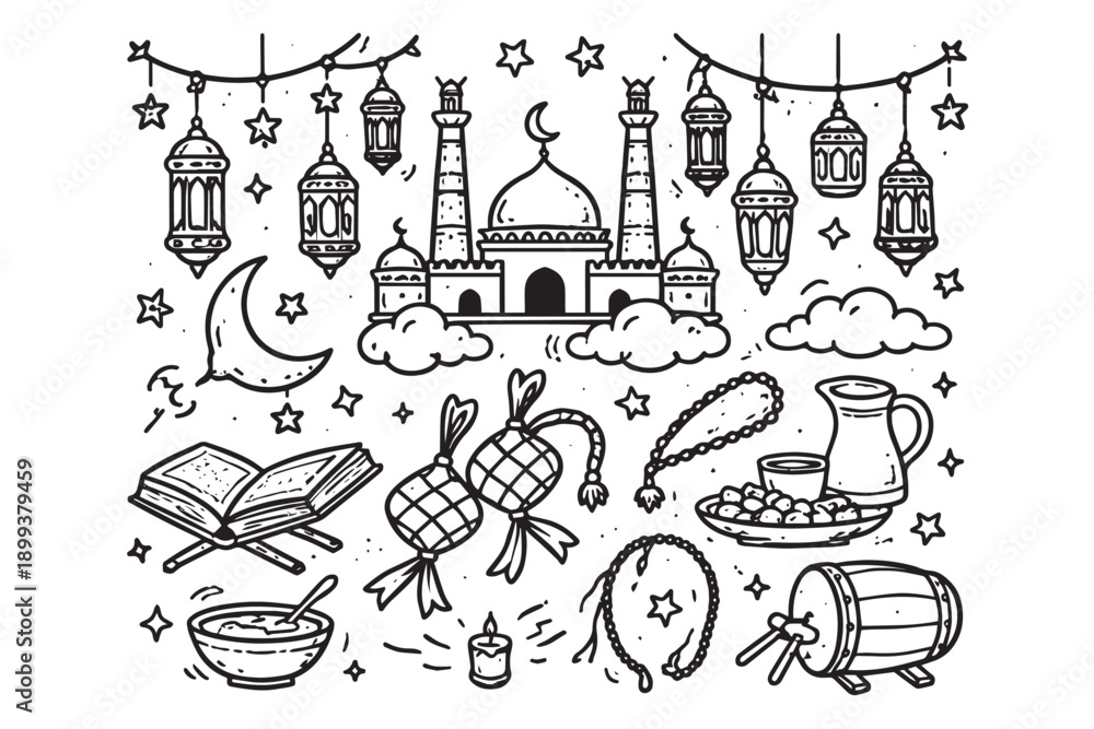 Naklejka premium Set of hand-drawn Ramadan ornaments
