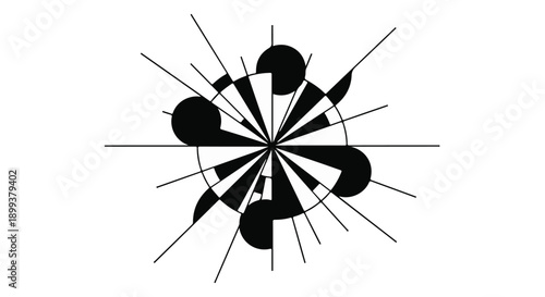Abstract geometric explosion of radiating lines and circles on a white background