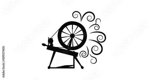 Vintage spinning wheel creating swirling threads of wool on a white background.
