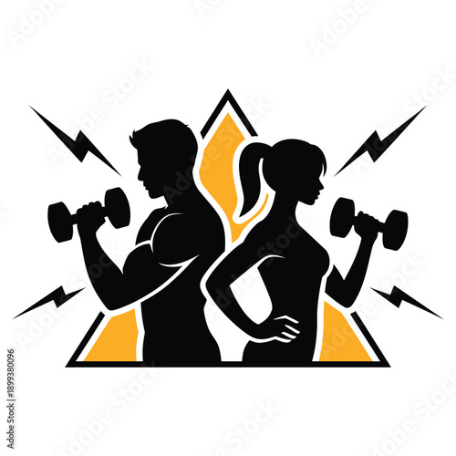 Dynamic fitness duo with dumbbells - minimalist gym motivation vector