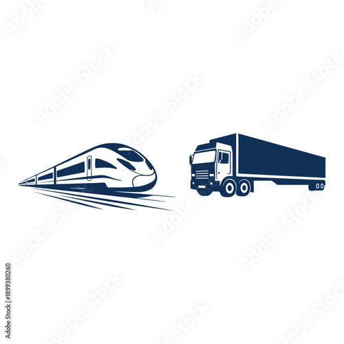 Minimalist vector: high-speed train and freight truck transport icons