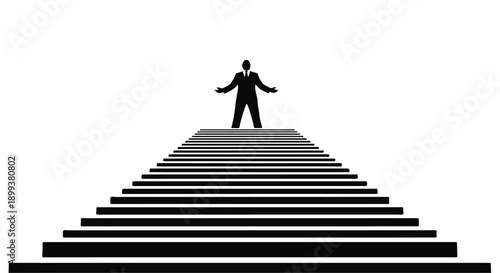 Silhouette of a businessman standing at the top of a long staircase, signifying achievement and success.