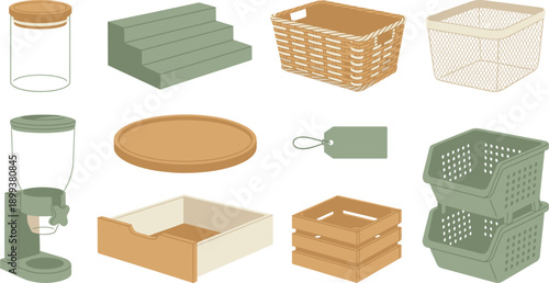 Home Organization and Pantry Storage Vector Icons - Minimalist Kitchen Storage Containers, Baskets and Crate Set