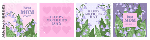 Set cards for Happy Mother's Day. Spring design with lilies of the valley and hearts. Cover with flowers frame in pink and purple backgrounds. Vector illustration