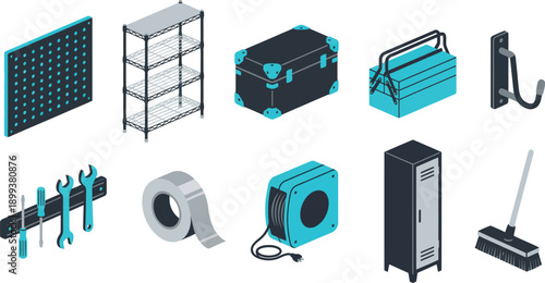 Garage Organization and Workshop Storage Icons - Industrial Tool Storage and Utility Room Equipment Set