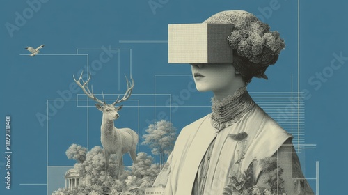 Woman wearing virtual reality headset with deer in artistic landscape background