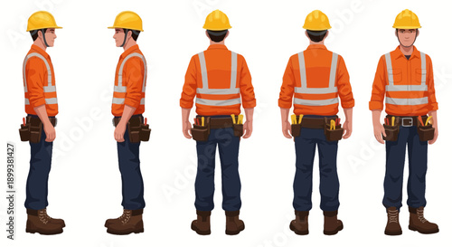 Construction Worker Character Set Turnaround Views Isolated Vector