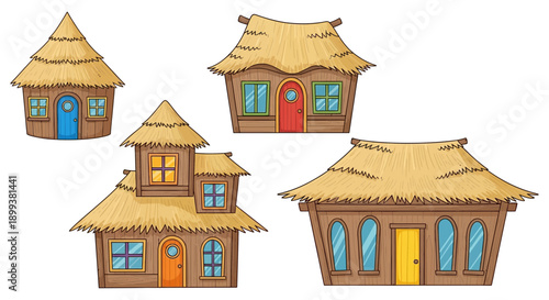 Cartoon Thatched Roof Houses Set Isolated Vector Illustration