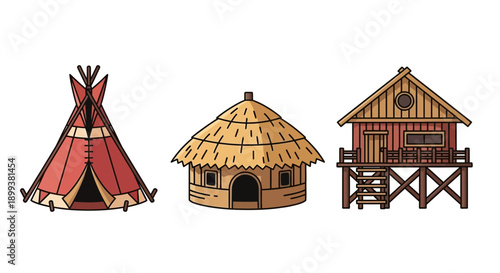 Traditional Houses Icon Set Tipi Hut Roundhouse and Stilt Cabin