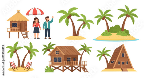 Tropical Beach Vacation Elements Collection Huts Palm Trees and People