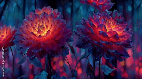 Magical garden of enchanted mysterious flowers in bright psychedelic colors at early morning light