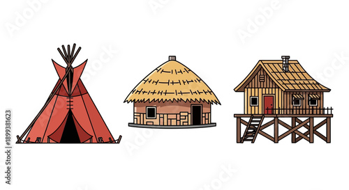 Traditional Primitive Housing Structures Tepee Hut Stilt House Set