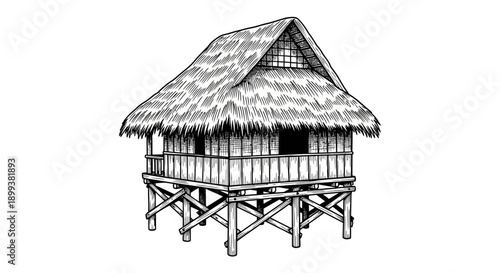 Tropical Stilt House Thatched Hut Engraving Illustration