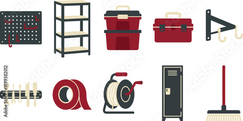 Industrial Burgundy and Cream Garage Organization Icons - Modern Workshop Storage and Tool Management Vector Set