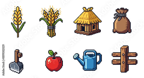 Pixel Art Farming and Harvest Icon Set 8-bit Retro Game Assets