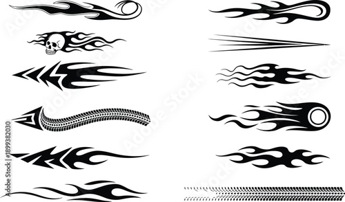 tribal racing flames and automotive tire track vector decals set