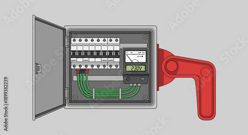 Technical illustration of an electrical distribution board and safety switch