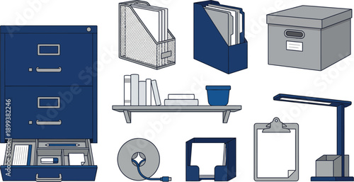 Modern Office Filing and Desk Organization Icons - Minimalist Workspace Management and Storage Vector Set