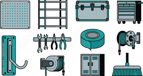 Industrial Teal and Gray Garage Organization Icons - Heavy Duty Workshop Storage and Tool Management Vector Set