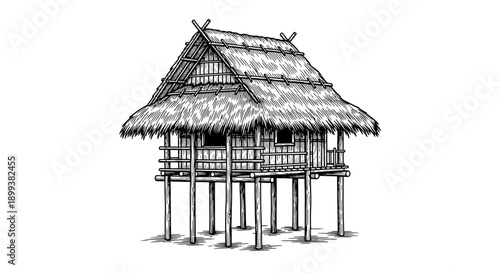 Traditional Tropical Stilt Hut Line Art Woodcut Engraving Isolated