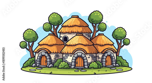 Cartoon Thatch Roof Village Huts Illustration on White Background