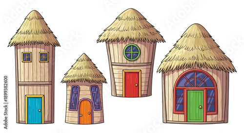 Whimsical Thatched Roof Wooden Houses Cartoon Set Illustration