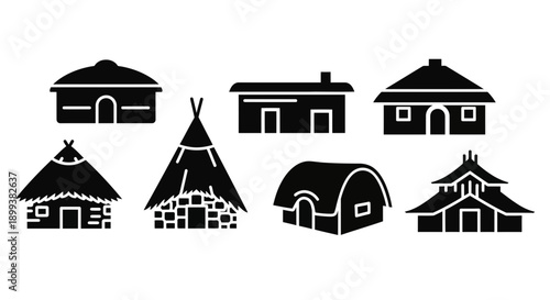 Global Traditional Houses Primitive Dwellings Silhouette Icon Set