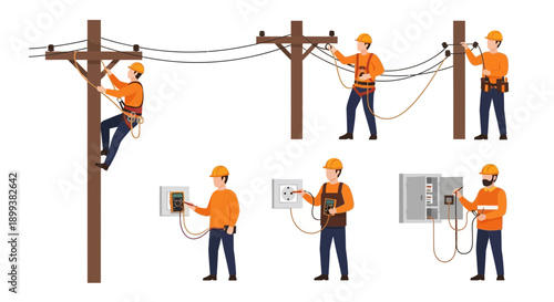 Professional Electrician and Lineman Working Tasks Set