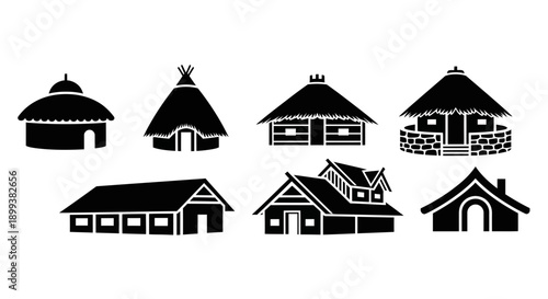 Set of Traditional Vernacular House and Hut Icons Silhouettes