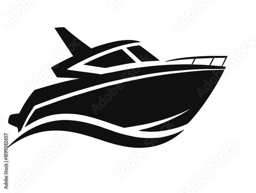 Sleek black and white yacht silhouette with dynamic wave design