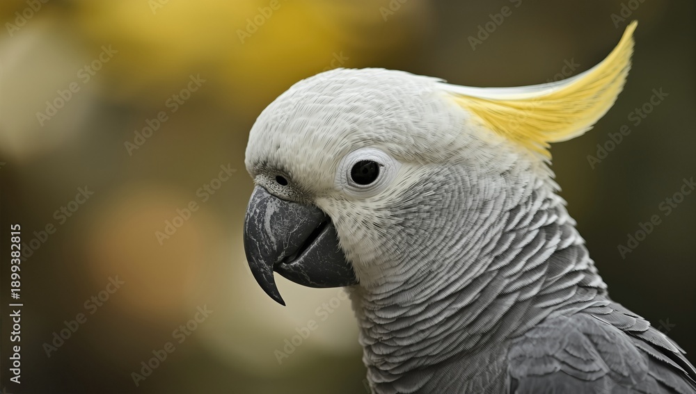 Fototapeta premium Close-up portrait of a yellow-crested cockatoo with a soft, blurred background showcasing its vibrant colors and intricate feather details