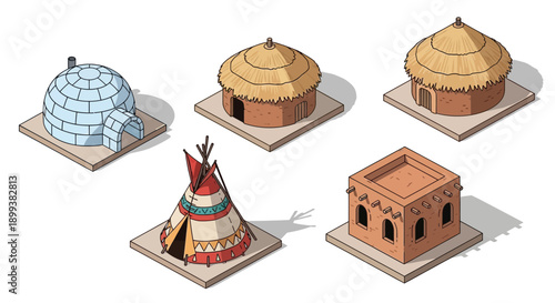 Isometric Traditional Dwellings Set Isolated on White Background