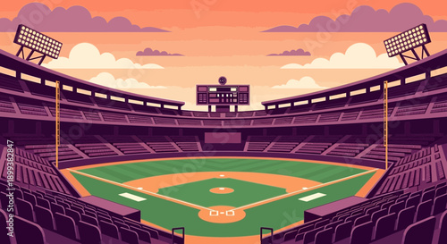 Flat Design Baseball Stadium Field and Grandstands Vector