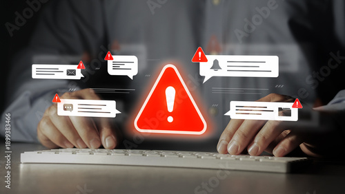 Billede på lærred Cybersecurity warnings and data breach alerts on digital interfaces display phishing emails, malware, and phishing threats to ensure technological security and prevent online attacks