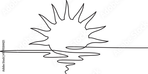 Minimalist rising sun and sea continuous line art. 