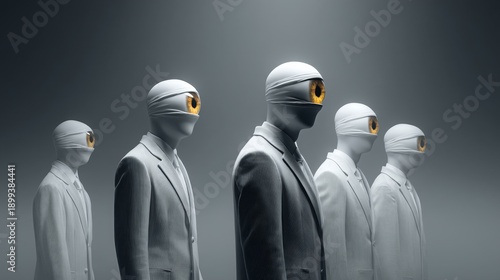 Figures in white suits with eyes covered stand in line in a dark space