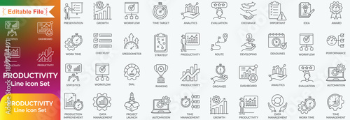 Productivity icon collection set. Containing organise, launch, growth, time management, bell, strategy, target icon. Simple line vector. 