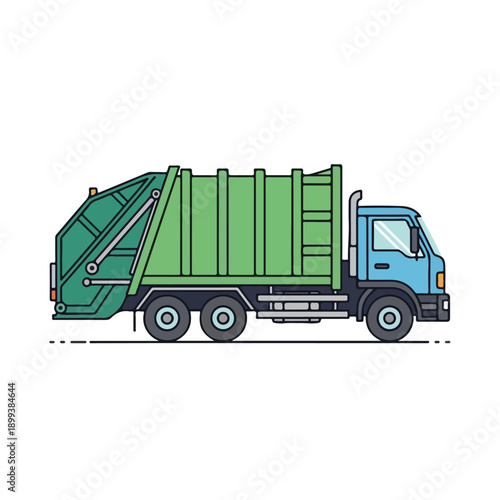 Green garbage truck with blue cab on white background