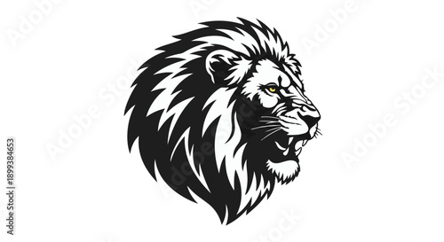 Powerful lion head illustration symbolizing strength and courage, facing right with fierce eyes.