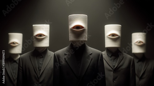 Group of figures with unusual head features standing together in a low light setting