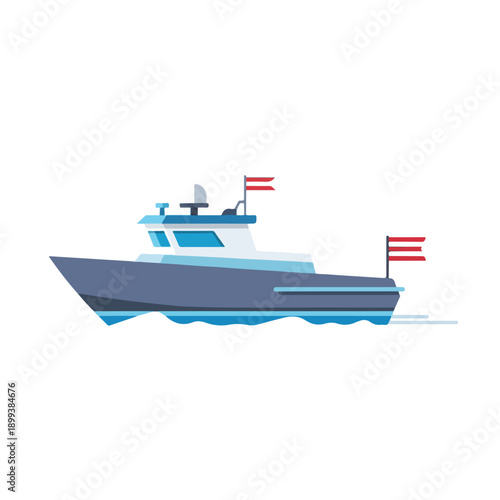 Large blue boat with flags sailing on calm waters
