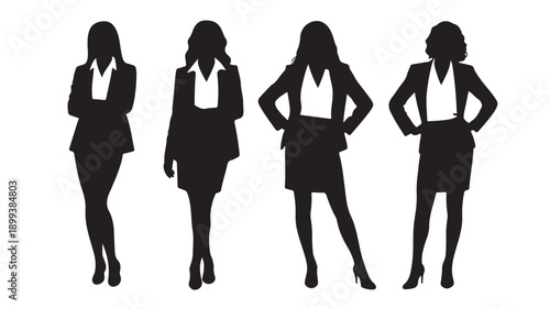 Businesswomen Silhouettes Standing Poses Wearing Suits Isolated on White Vector Illustration