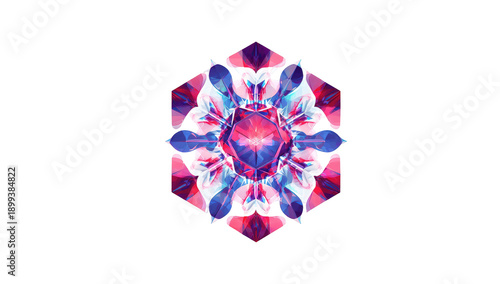 Abstract, vibrant, symmetrical design.  A multicolored, crystalline gem-like hexagon, detailed and intricate, against a black background