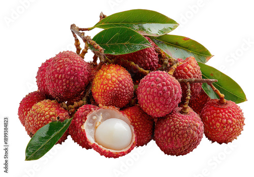 A cluster of fresh lychees, some halved, with vibrant red skins and juicy white flesh.  Green leaves adorn the branches