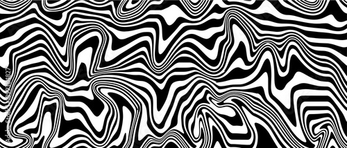 Black and white striped liquid paint effect vector seamless pattern. Wavy psychedelic background of moving liquid. Modern zebra backdrop. Groovy 1970s style.