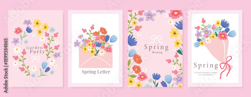 Spring Floral invitation card background vector. Minimal hand drawn botanical flowers template background. Design illustration for wedding, vip cover, poster, rsvp modern card, birthday party.