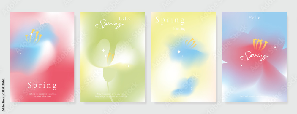 Fototapeta premium Modern gradient poster background vector set. Minimalist poster summer and spring cover template with green geometric, heart, flower, butterfly. Ideal design for social media, banner, card, ads.
