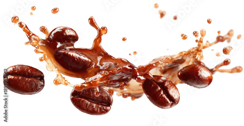 Coffee beans in a dynamic splash of liquid