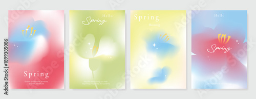 Modern gradient poster background vector set. Minimalist poster summer and spring cover template with green geometric, heart, flower, butterfly. Ideal design for social media, banner, card, ads.